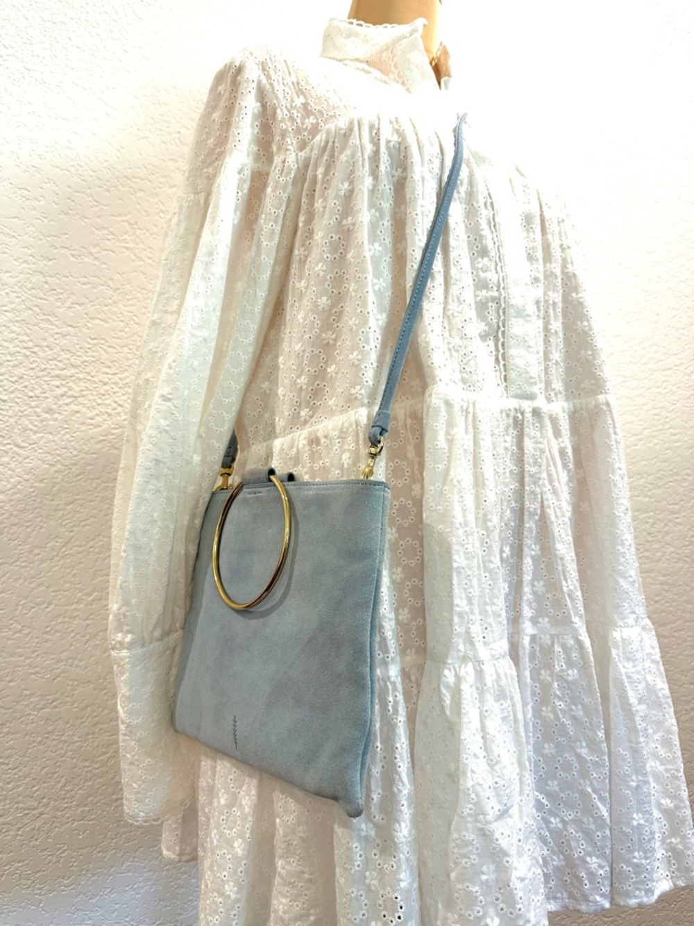 Thacker NY Rare Color Light Blue Suede Crossbody Handbag Purse Gold Ring Handle